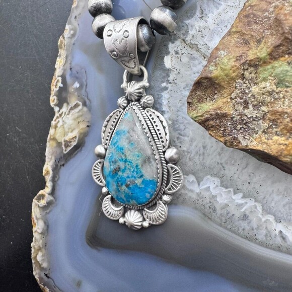 Sterling Silver Southwestern Style Teardrop Iranian Turquoise Decorated Pendant - Picture 5 of 10